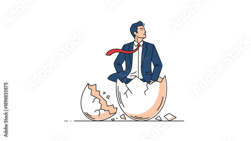 Confident businessman emerging from cracked giant eggshell representing new beginnings, startup launch, and business birth.