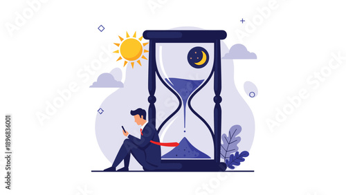 Tired businessman sitting by large hourglass showing day and night representing long working hours, deadlines, and time management.