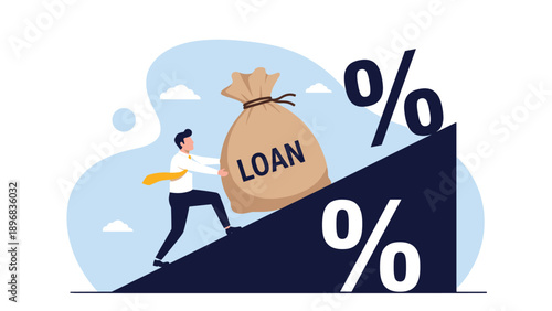 Stressed businessman pushing giant loan money bag up steep percentage sign hill representing heavy debt and high interest rate challenges.