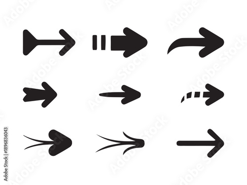 Collection of nine directional arrows with varied styles and shapes including simple solid arrows, dashed arrows, curved arrows, and ornate feathered arrows 