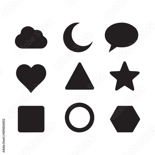 Collection of nine simple black silhouette icons including cloud, moon, speech bubble, heart, triangle, star, square, circle and hexagon on white background