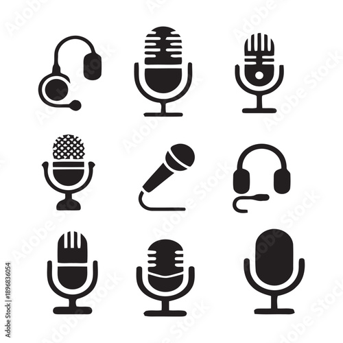 Collection of nine microphone icons and headphone sets, representing audio recording and broadcasting equipment, set of sound input devices for podcasts and music, vocal equipment icons