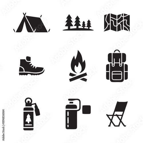 Collection of nine essential camping icons, including tent, trees, map, boots, fire, backpack, and gear