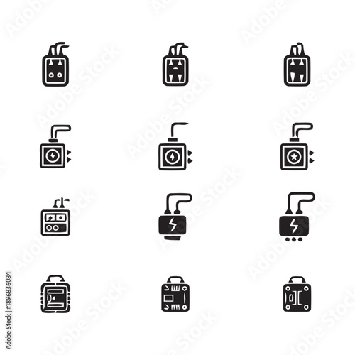 Collection of power adapters and chargers with electrical plugs and sockets. Electronic devices power supplies and connectors for charging mobile phones, 