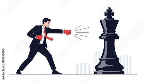 Determined businessman wearing boxing gloves fighting against giant chess king representing strategic challenges and business competition.