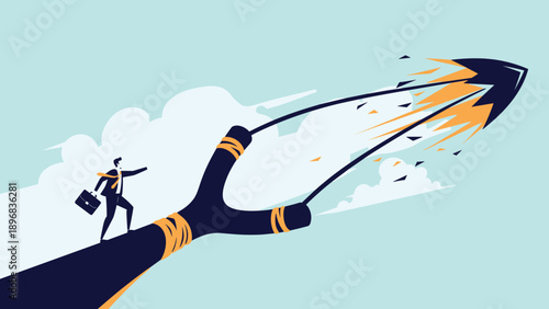 Visionary businessman standing on giant slingshot firing flaming arrow representing powerful marketing launch and rapid growth.