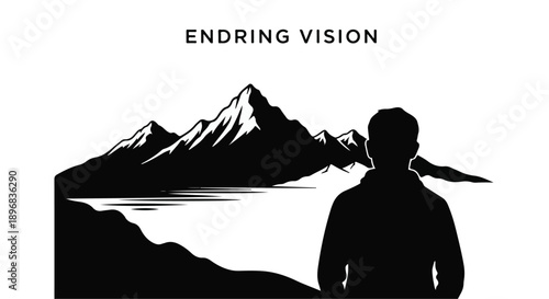 Silhouette of a person gazing at majestic, snow-capped mountains and serene lake.