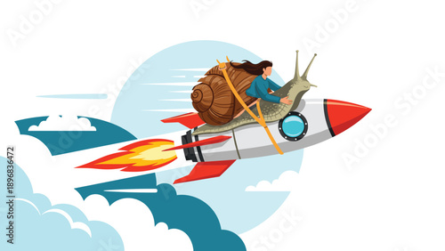 Adventurous woman riding snail on fast flying rocket representing slow and fast progress, patience, and business growth.