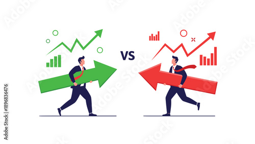 Two rival businessmen running in opposite directions with green and red arrows representing competition, bulls vs bears market.