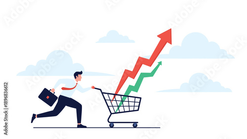 Energetic businessman pushing shopping cart with sharp rising growth arrows representing inflation, price index increase, and market trends.