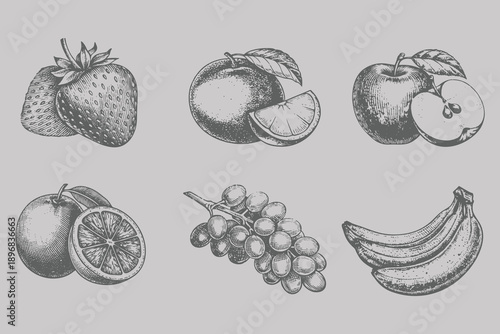 Banana, Apple, Orange, Grapes, Mango, Strawberry in vintage engraving style vector illustration. Hand drawing retro fruits set. Eps 10
