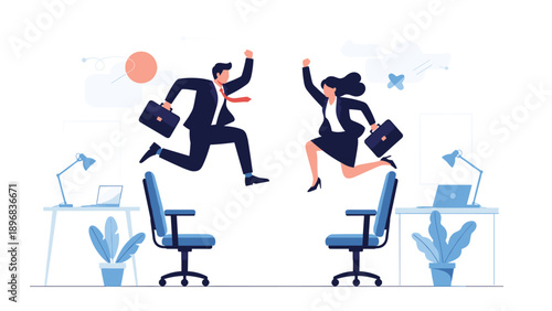 Successful businessman and businesswoman jumping with joy in modern office environment celebrating corporate victory and achievement.