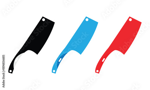 Colorful kitchen cleavers set icon in black, blue, and red