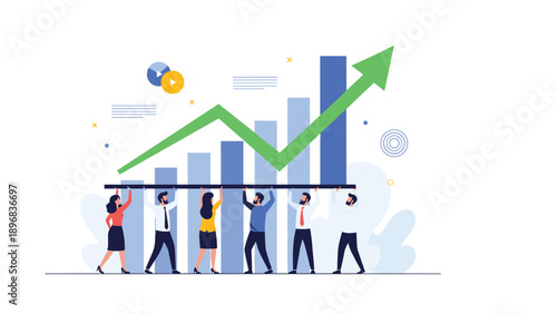 Diverse team of professionals lifting rising growth bar chart together symbolizing collective effort, corporate synergy, and unity.