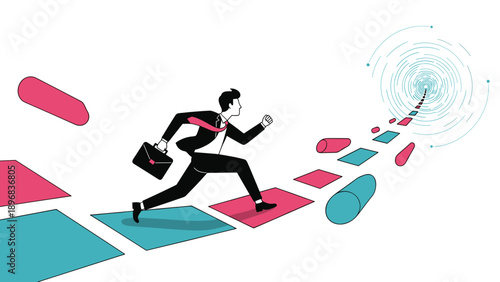 Businessman running along path of abstract floating platforms towards bright glowing portal representing future vision and goal attainment.