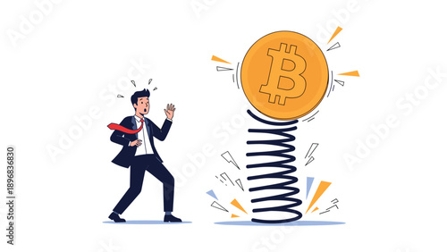 Concerned businessman looking at large Bitcoin coin bouncing on metal spring representing high cryptocurrency market volatility and risk.