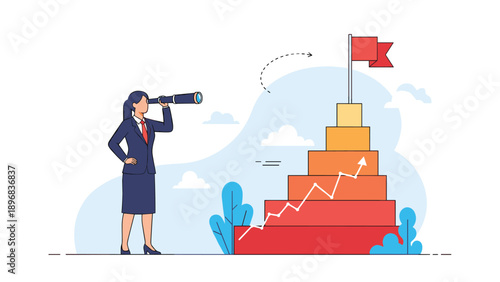 Businesswoman looking through telescope at goal flag on top of rising step chart for strategic vision, foresight, and long-term planning.