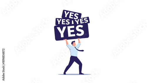 Strong businessman lifting pile of multiple dark blue YES signs for positive mindset, overcoming rejection, and career achievement.