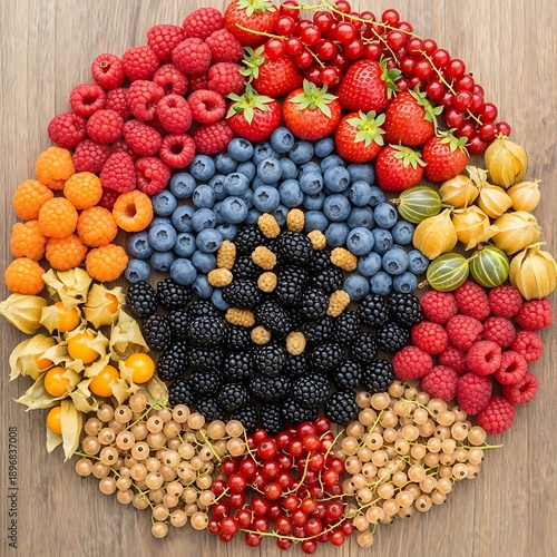 An Impressive overhead view of various colorful summer berries arrangement