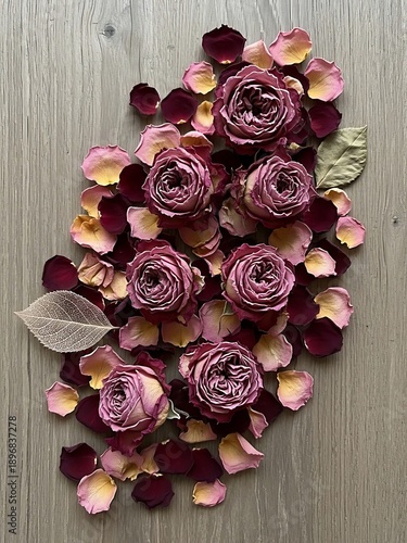 Arrangement of roses and petals creating aesthetic organic floral composition