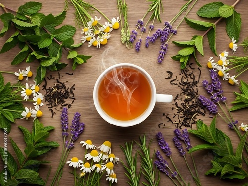 Aromatic herbal tea composition with lavender, mint and chamomile blooms