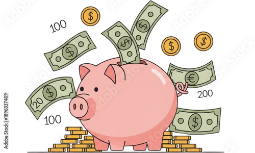 Piggy Bank with Money and Coins Vector Illustration