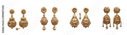 Obraz  z motywem Gold earrings with intricate floral designs and varying drops isolated on transparent background