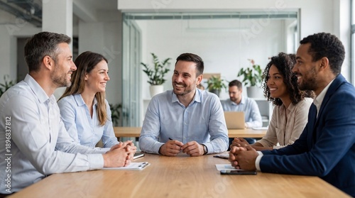 Wallpaper Mural Workplace Synergy: A group of professionals sits around a table, engaged in a vibrant discussion during a collaborative meeting, showcasing teamwork and effective communication. Torontodigital.ca