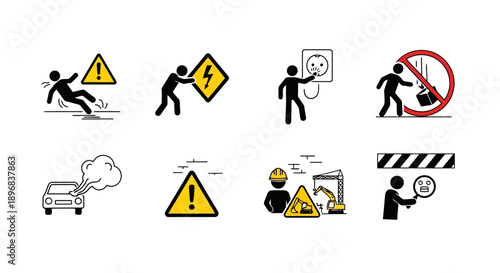 Collection of safety warning signs and symbols for workplace and public areas.