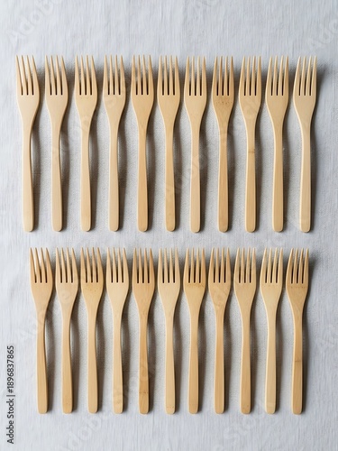 Arrangement of wooden forks on a white fabric surface, clean aesthetic