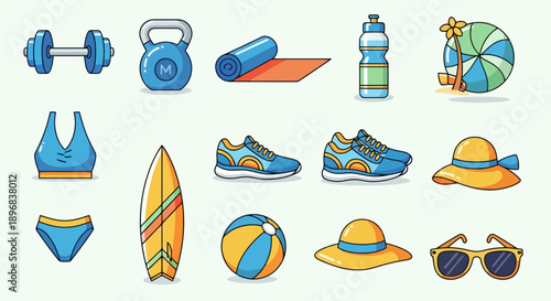 Collection of sports and beach equipment and accessories.