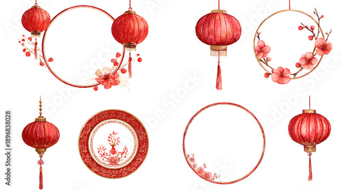 Watercolor Chinese New Year circle frames set with red lanterns and plum blossoms. Festive round borders collection for Lunar New Year greetings, invitations, and posters.