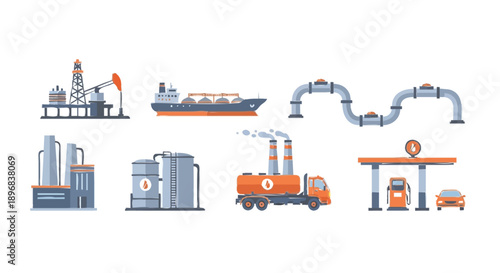 Collection of oil and gas industry icons and illustrations.