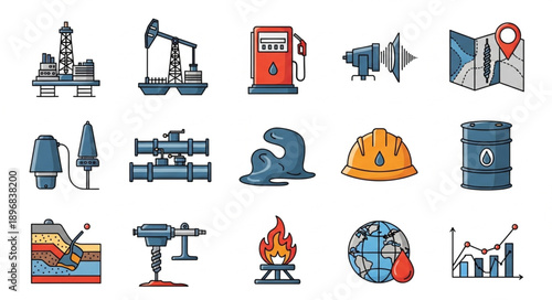 Collection of oil and gas industry icons and symbols.