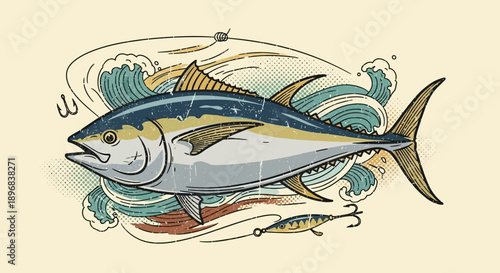 Bluefin Tuna Fish Illustration Detailed Drawing.