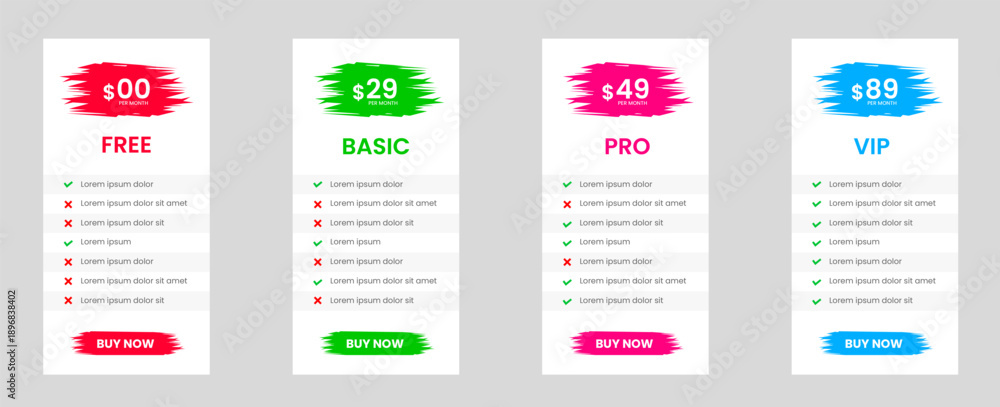 Fototapeta premium Professional four Tier Subscription website price Pricing brush stroke Table with free, Basic Standard and Premium Plans. UI UX app pricing chart table or Product Plan Offer Price Package Subscription