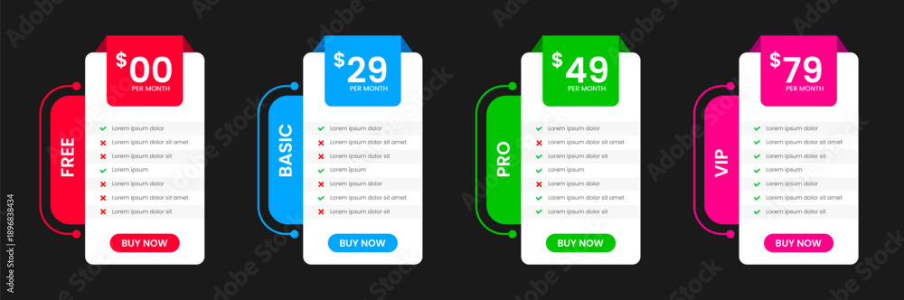 Obraz premium Professional four Tier Subscription website price Pricing Table with free, Basic Standard and Premium Plans. UI UX app pricing chart table or Product Plan Offer Price Package Subscription Option.
