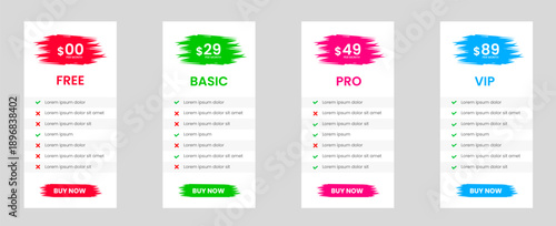 Professional four Tier Subscription website price Pricing brush stroke Table with free, Basic Standard and Premium Plans. UI UX app pricing chart table or Product Plan Offer Price Package Subscription
