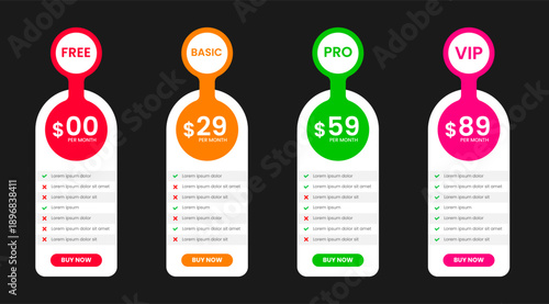 Professional four Tier Subscription website price Pricing Table with free, Basic Standard and Premium Plans. UI UX app pricing chart table or Product Plan Offer Price Package Subscription Option.