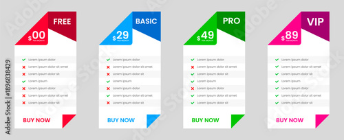 Professional four Tier Subscription website price Pricing Table with free, Basic Standard and Premium Plans. UI UX app pricing chart table or Product Plan Offer Price Package Subscription Option.