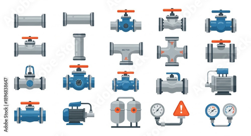 Collection of plumbing pipes valves and pumps illustration.