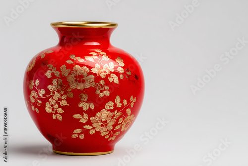 Elegant red and gold ceramic vase on white background