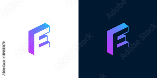 Geometric abstract letter F icon with a 3D isometric perspective and a gradient color scheme of purple and blue on both white and dark backgrounds
