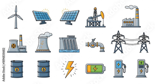 Collection of renewable and non-renewable energy industry icons.