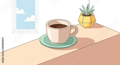 Coffee Cup and Saucer on Table.
