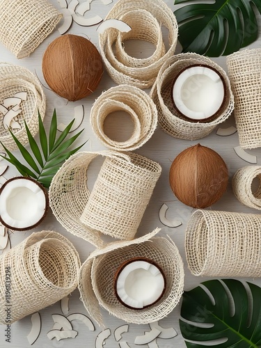 Coconut product arrangement with husk packaging and monstera decoration