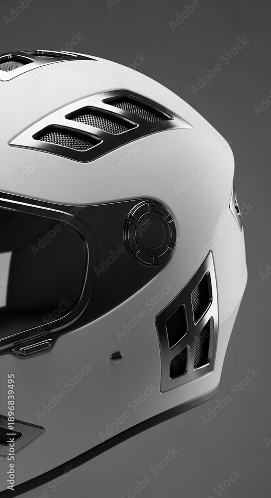 Fototapeta premium Sleek White Motorcycle Helmet with Black Accents on a Gray Background.