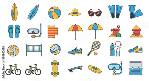 Collection of Summer Beach and Sports Equipment Icons.