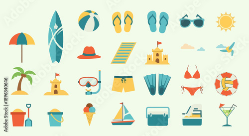 Collection of Summer Beach Vacation Icons and Symbols.