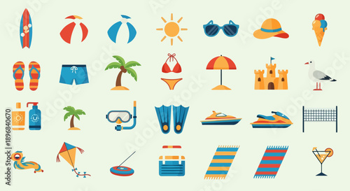 Collection of Summer Beach Vacation Icons and Symbols.